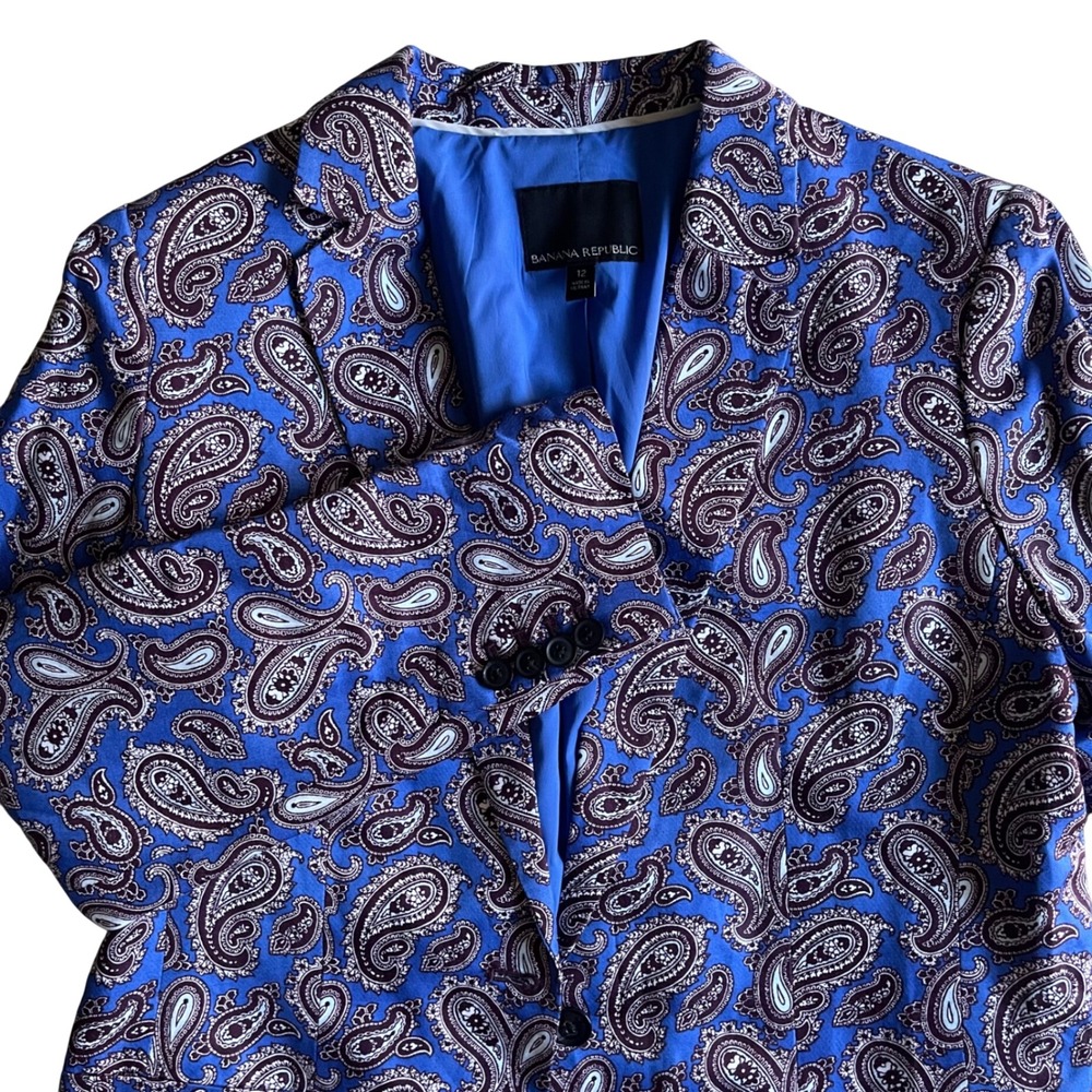 Banana Republic Blazer Women 12 Linen Blend Blue Paisley Tailored Preppy Office